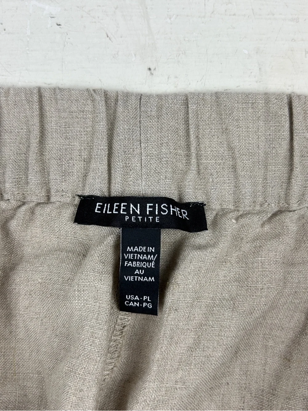 Eileen Fisher Womens Sz PL 100% Organic Linen Beige Pants Elastic Waist Tapered
